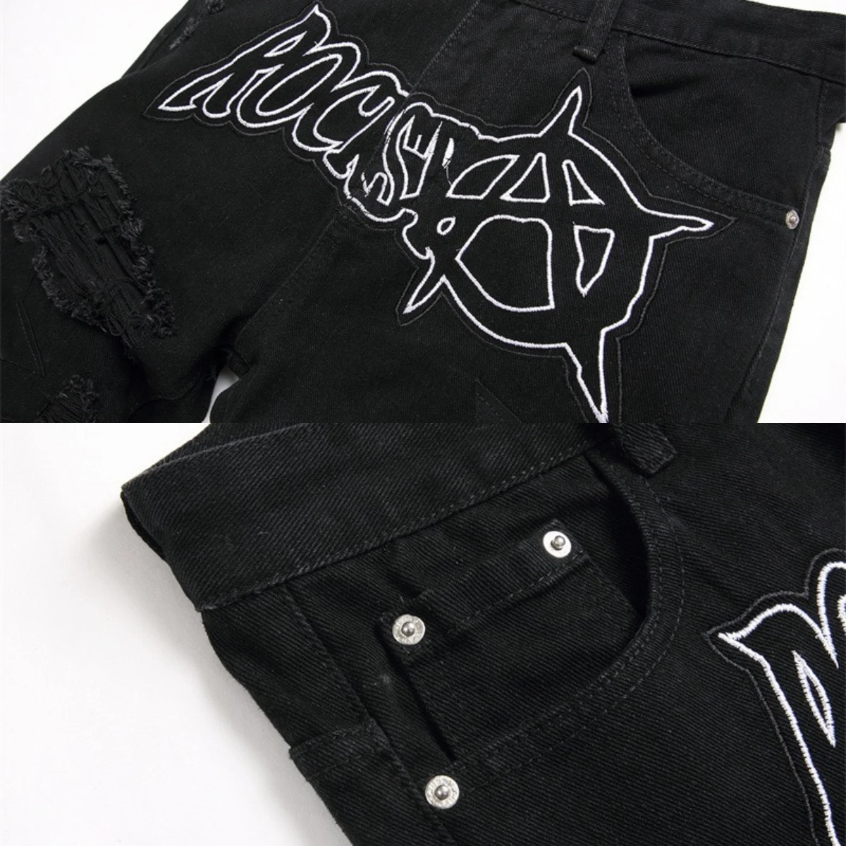 Rock Star Embroidered Jeans Men Patchwork Leather Badge Slim Fit Broken Holes Long Pants Scratched Vintage Elastic Hip Hop Motor