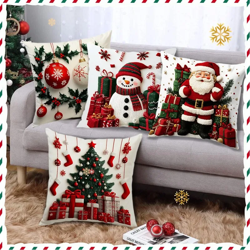 45x45cm Linen Plush Cartoon Snowman Print Throw Pillowcase Santa Cluas Xmas Merry Christmas Decor Happy New Year