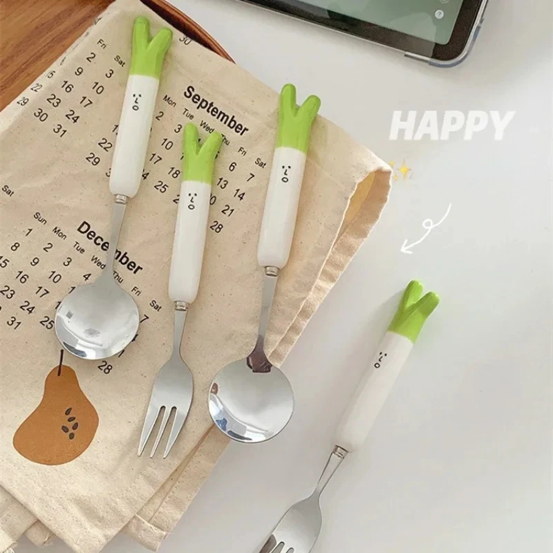 Cartoon Onion Ceramic Spoon Fork Set Tableware Portable Lunchware Stainless Steel Travel Tableware Kitchen Accessories