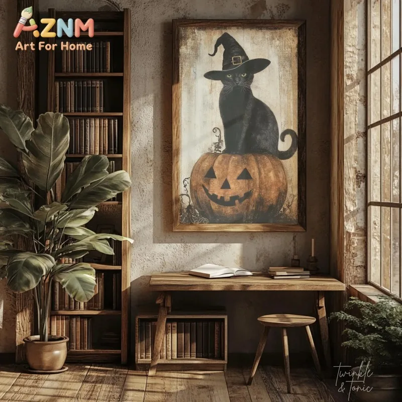 Vintage Rustic Black Cat Witch Hat Sitting on Pumpkin Distressed Texture Halloween Canvas Poster Prints Frameless Wall Art Decor