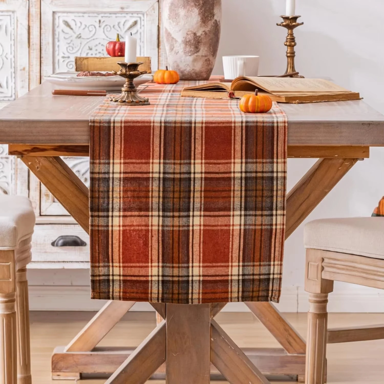 

Fall Thanksgiving Table Runner Rust Orange Plaid, Farmhouse Kitchen Dining Table Decor for Holiday