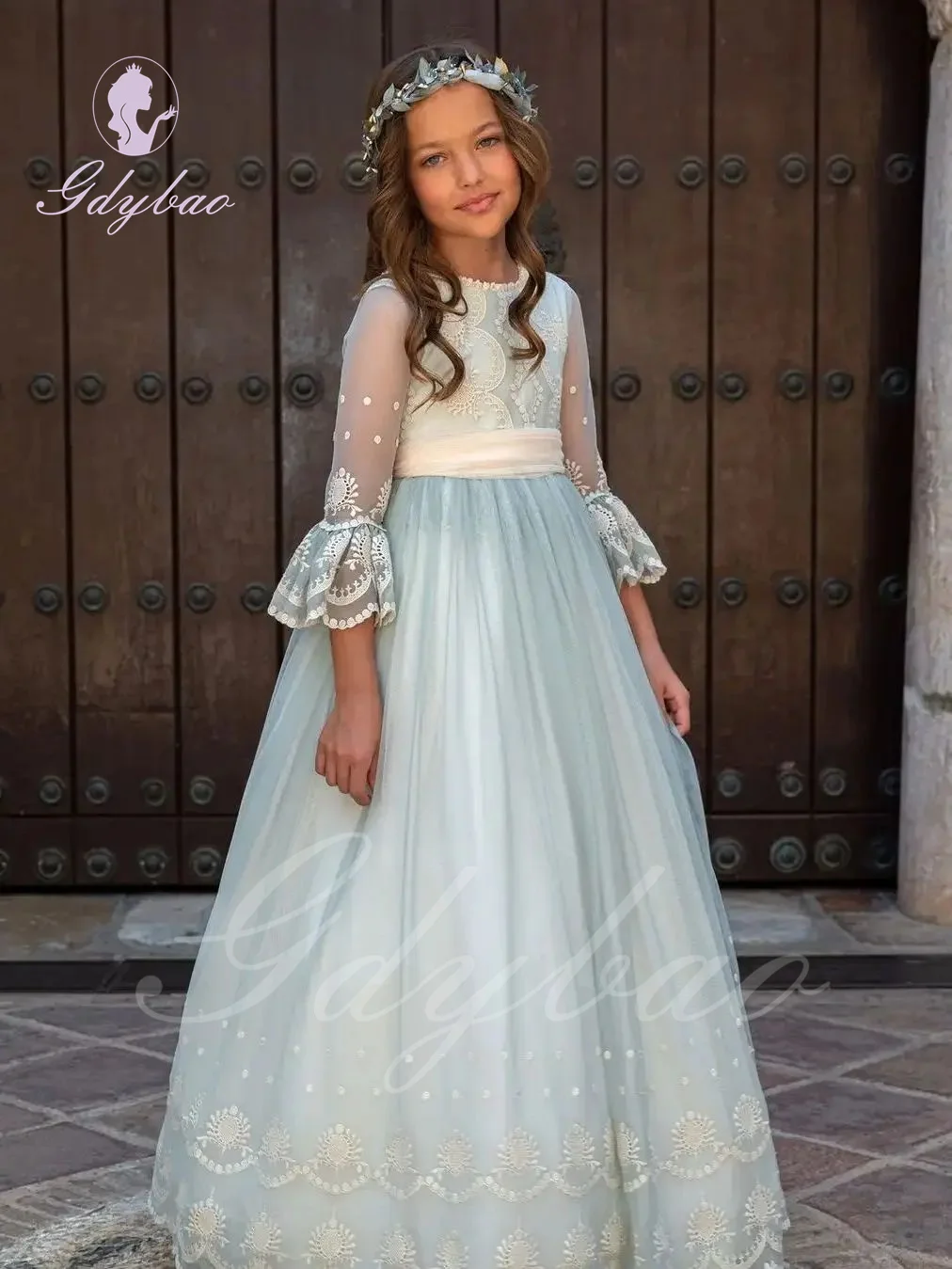 Flower Girl Dress For Wedding Long Applique Puffy Tulle 2/3 Sleeves Princess Kids Party First Holy Communion Baby Ball Gown