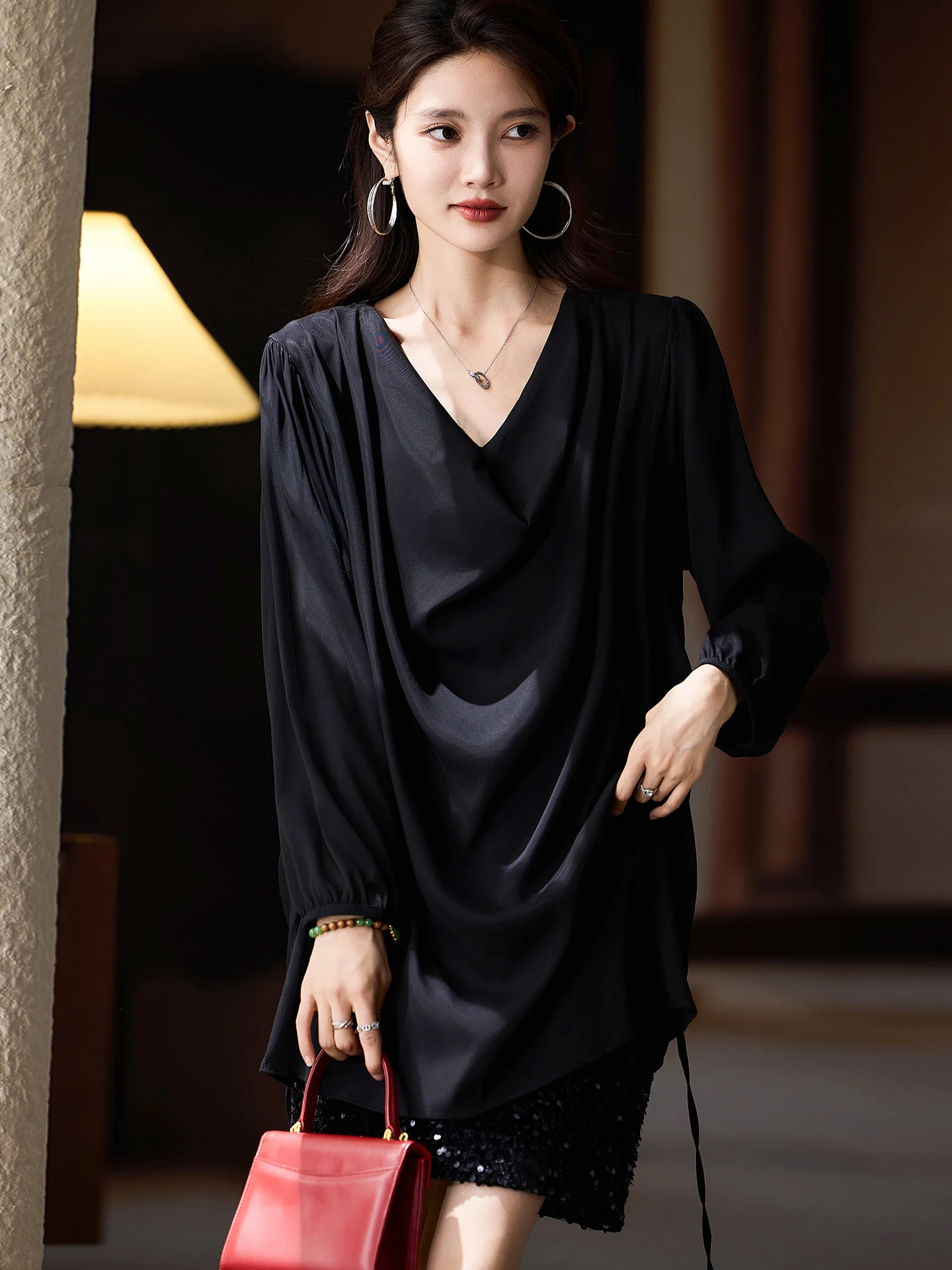 

Elegant Black Midi Shirt Women's Waist-Cinching Long Sleeve Casual Fashion Street Style Autumn 2025 New plus Size Top