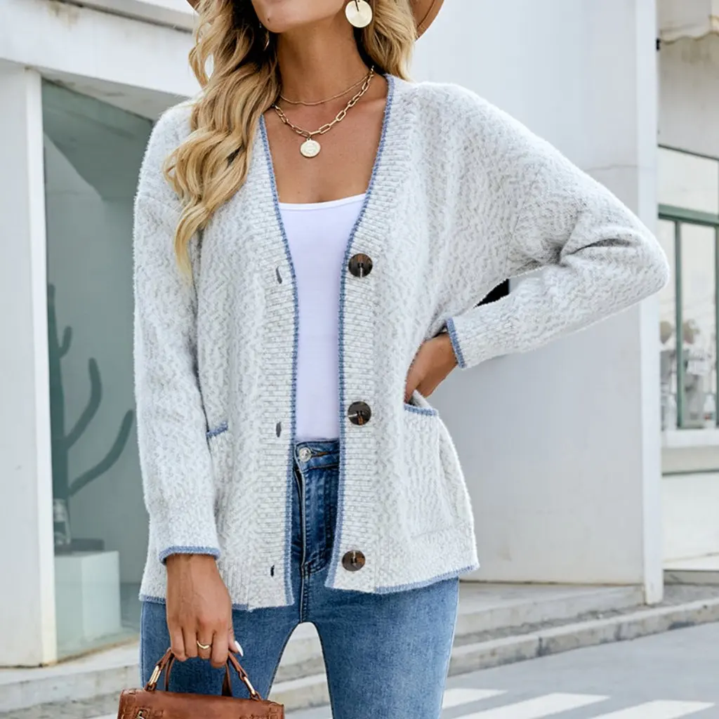 

Women's Mao Mao Rain Contrast Button Cardigan Coat Autumn Winter New European American Style Pocket Sweater