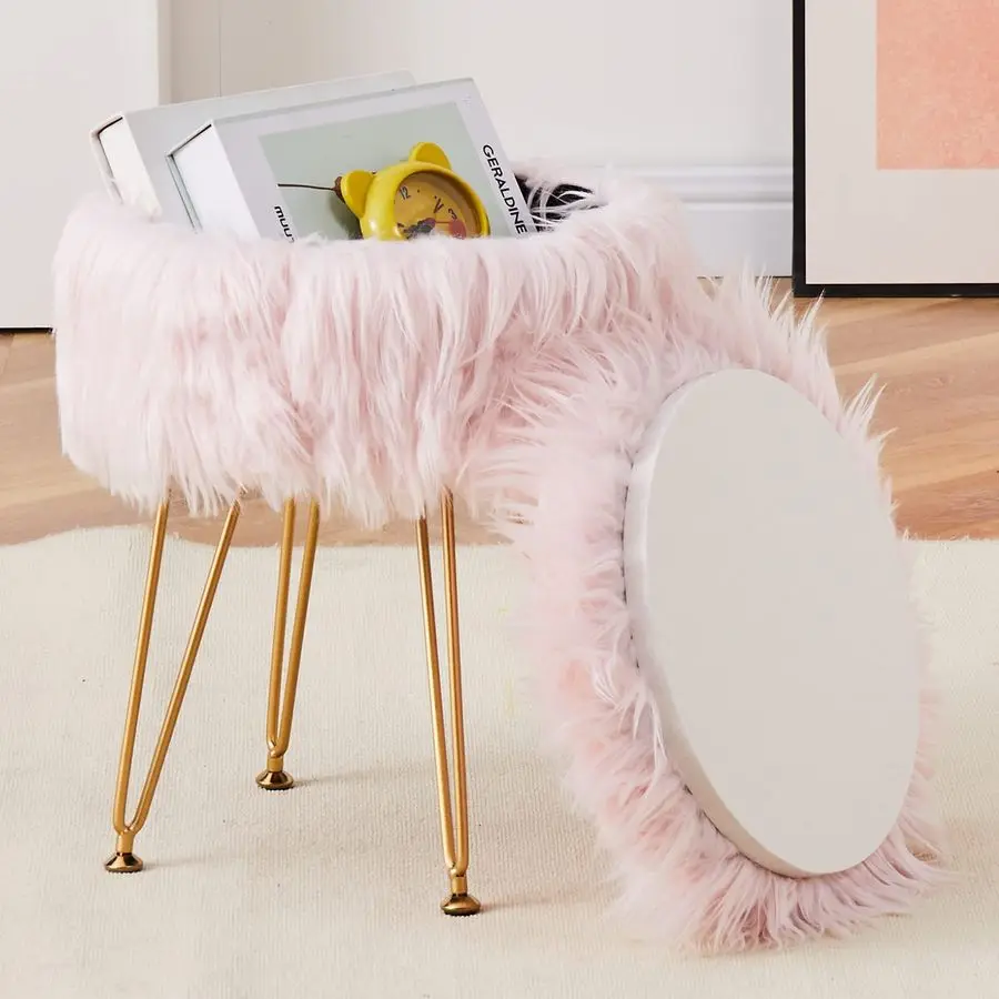 

Faux Fur Storage Ottoman Round Furry Vanity Stool Marble Grain Tray Coffee Table Compact Footrest Stool with 4 Metal Legs Soft M