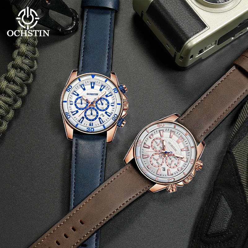 OCHSTIN Men's Quartz Watches Man Genuine Leather Strap Wristwatch Luminous Navigator Series Clock Waterproof Luxury Watch
