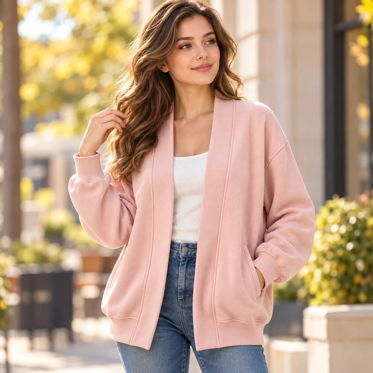 No Hood Casual Top Regular Length with Open Front Autumn Collarless Fresh and Sweet Long Sleeve Patchwork Cardigan for Women