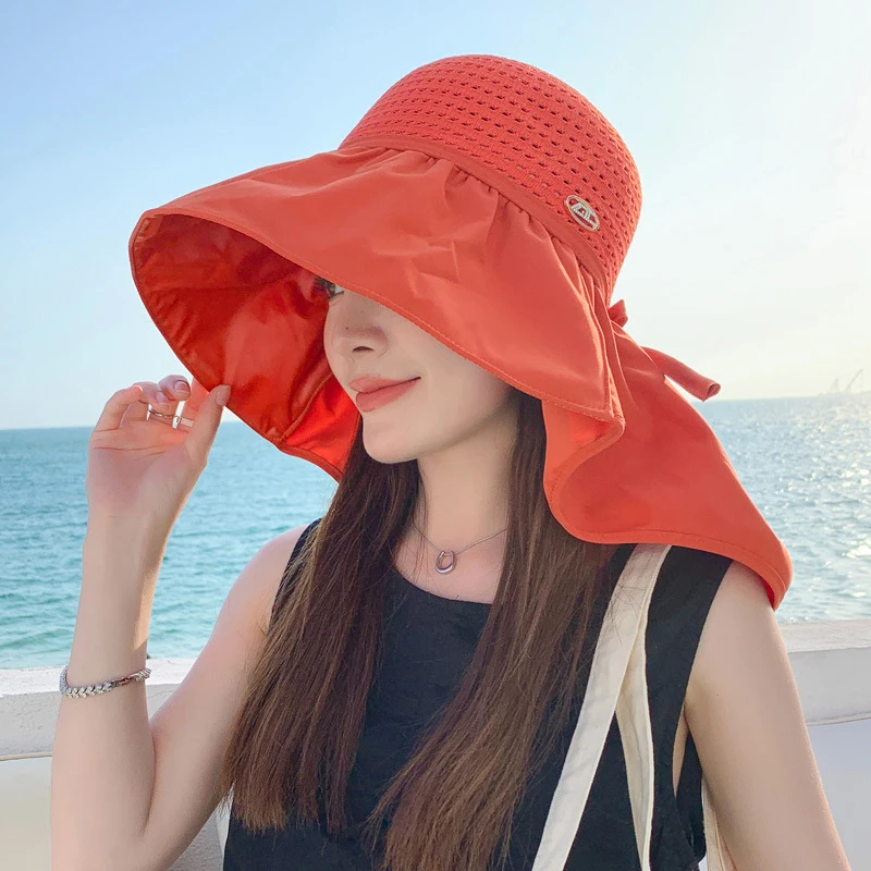 Summer Hat Women\'s Hollow Gold Label Neck Protection Sun Hat Seaside Large Brim Shawl Hat Covering Face Protection Sun Hat Thin