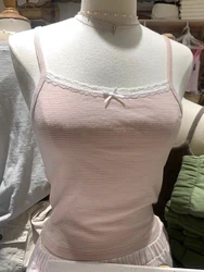 Dolce rosa a righe in pizzo Crop Top carino fiocco morbido cotone senza maniche estate Camis gilet donna Vintage Harajuku Slim canotte Y2k