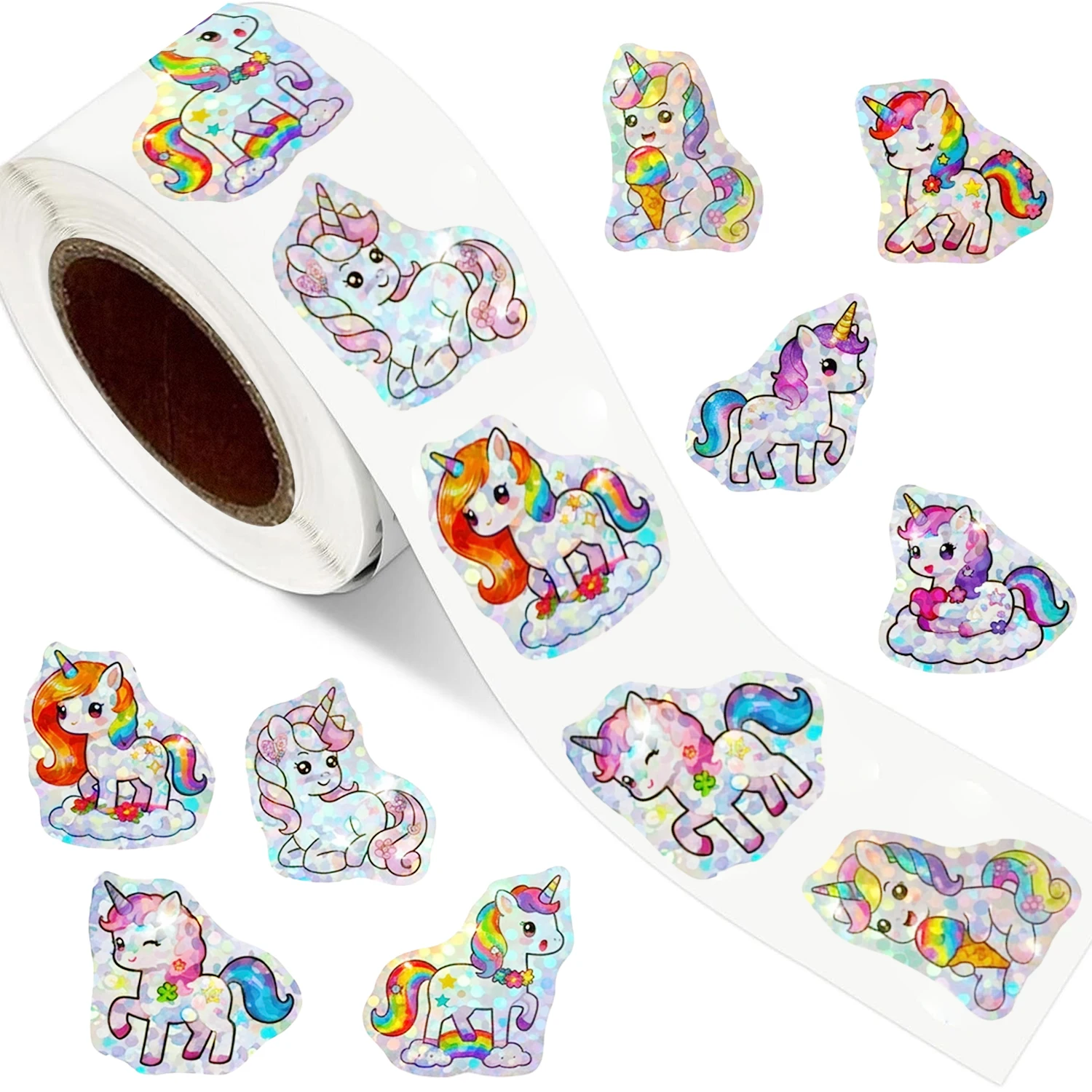 50-500Pcs Laser Unicorn Label Stickers DIY Decoration Stickers 1 Inch Self-Adhesive for Party Gift Bags (8 Styles)