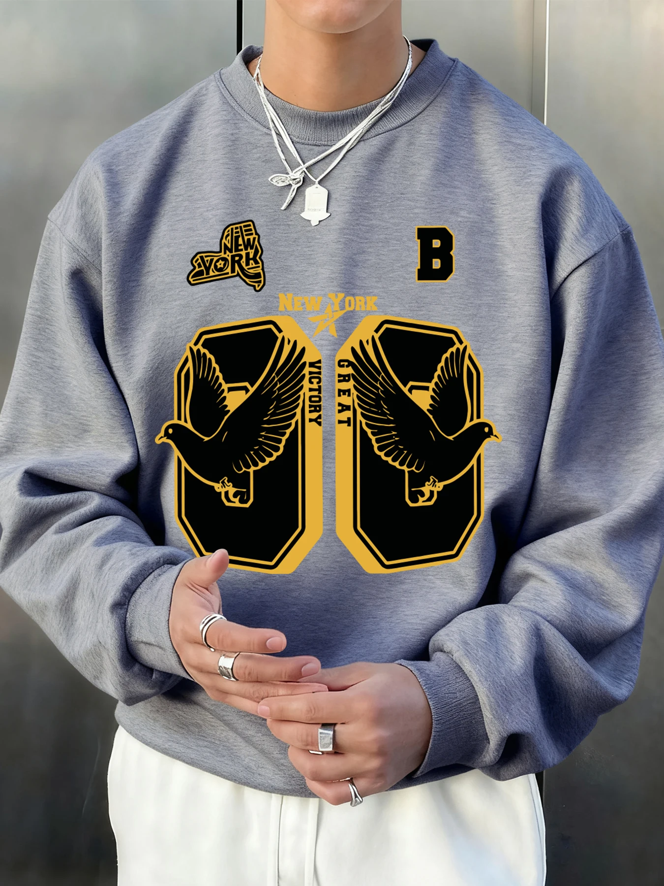 New York Great Victory Pigeon Printed  Men Sweatshirts Fleece Casual Pullovers Hip Hop Crewneck Clothing Autumn Soft Sportswear