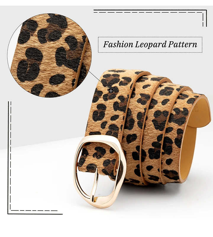 Maikun New Leopard Women's Belt Gold Irregular Alloy Pin Buckle Belt Fashion Versatile PU Belt 3.7cm Width