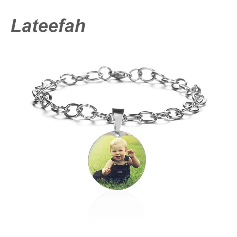 Lateefah Personalised Pulseras De Hombre Stainless Steel Customised 20cm Heart Round Rectangle Charm Engraved Photo Men Bracelet