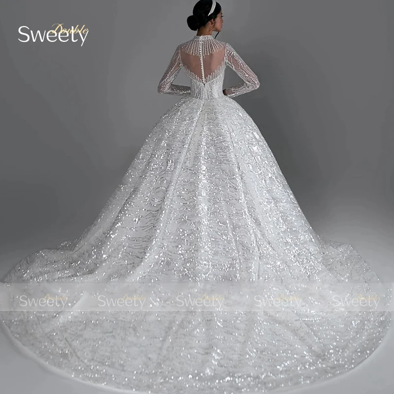Fully Beaded Wedding Dress Beading With Ball Gown Glitter High-Neck Full Sleeve Customized Bride Dress Button Vestido De Novia