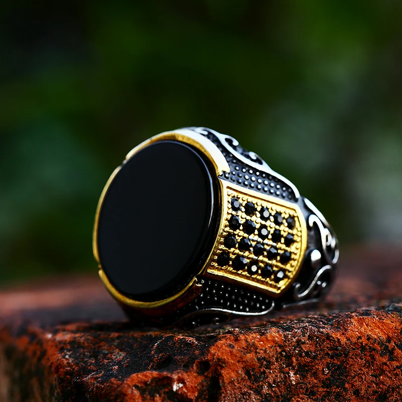 BEIER Stainless Steel Vintage Man Boy Oval part gold color Black stone Ring Fashion Jewelry Mens Accessories BR8-987