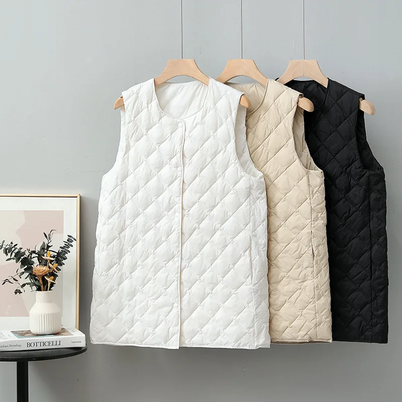 Women Warm Down Waistcoat Jacket Autumn Winter Ultra Light Thin White Duck Down Vest Coat Lady Sleeveless Midi Long Tank Parkas