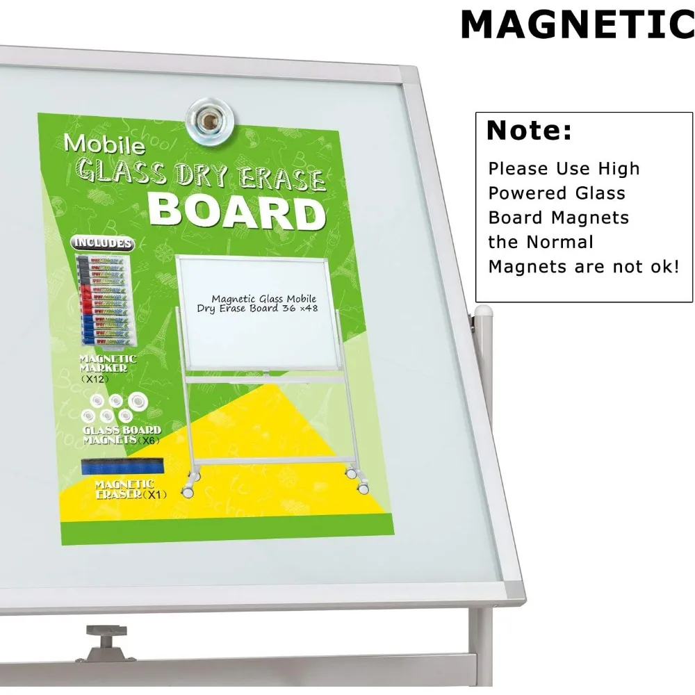 سبورة بيضاء زجاجية مغناطيسية كبيرة الحجم مع سطح وعجلات للمسح الجاف، 48 × 36 #6