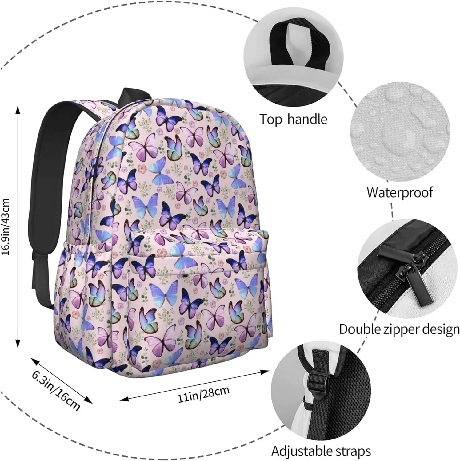 Butterfly Backpack for Women 17 inch Travel Casual Laptop Backpack Lightweight Waterproof Durable Hiking Daypack