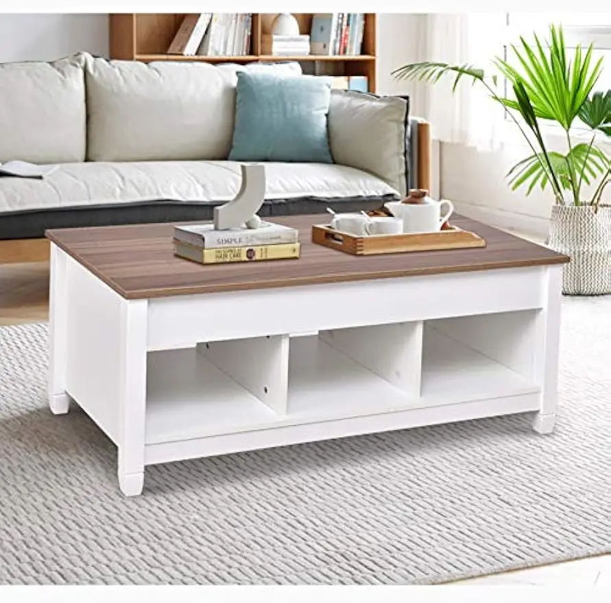 41 Inch Wood Lift-top Coffee Table w/Hidden Storage Compartment and 3 Separated Open Shelves, Easy Lift Up