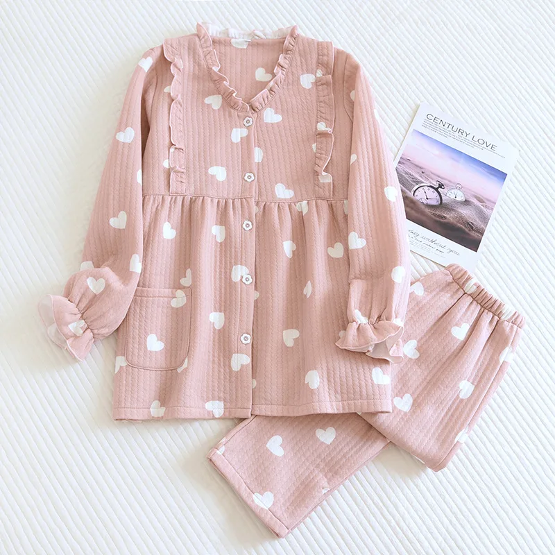 

Thicken Quilted 100% cotton scuba sleepwear women pajamas sets winter keep warm fresh sweet long-sleeved pyjamas
