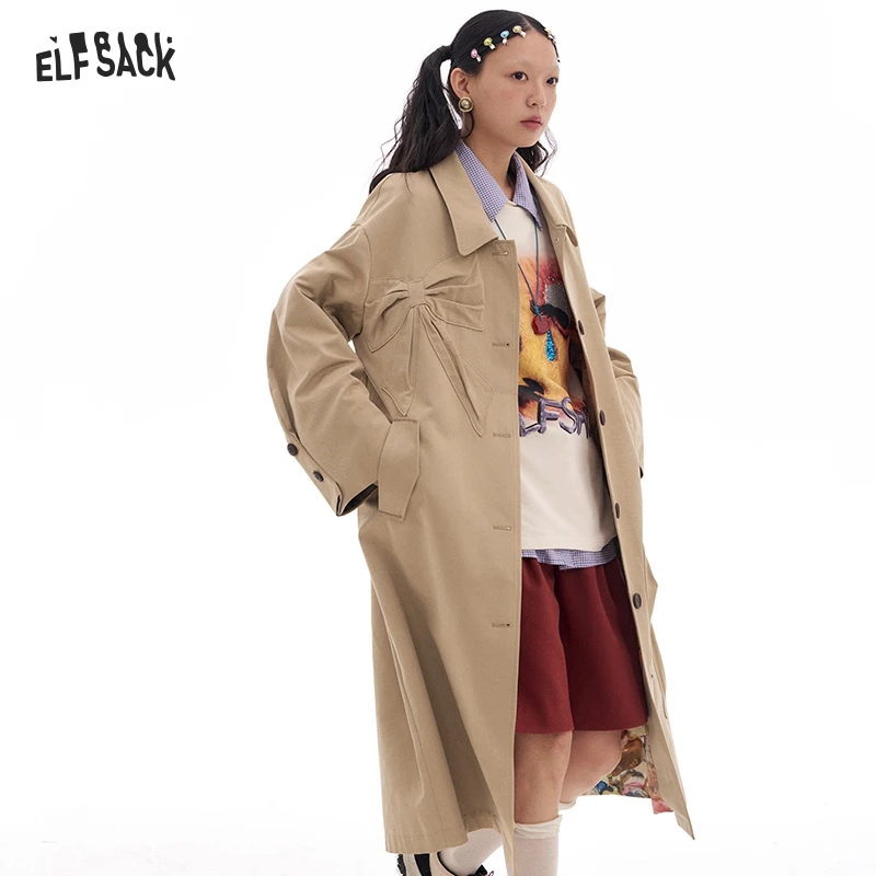 ELFSACK 2025 Spring New Arrivals Bowknot Khaki Trench Coat Women Fashion Korean Elegant Outerwear Woman Lapel Mid-length Coat Fe