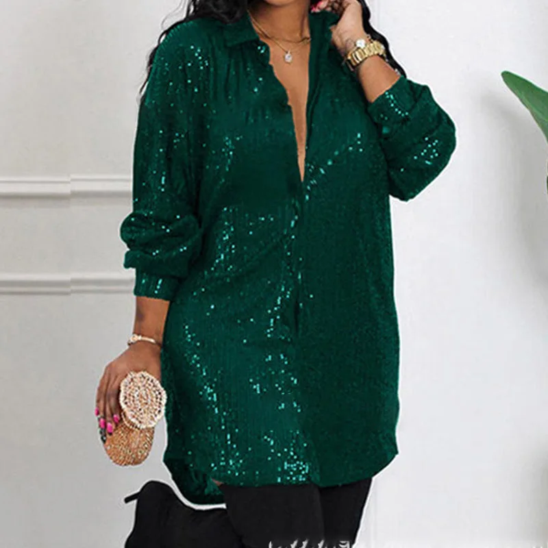 Women Glitter Button Up Party Shirt Sexy Solid Color Sequins Club Loose Female Shirts 2023 Fashion Street Sparkle Tops Blouses