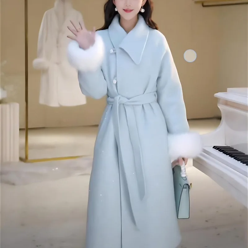 Winter National Style Knee Jacket Down Cotton Trench Coat Sweet Fragrant Cotton  Blends New Year's Robe New Chinese Woolen Coat