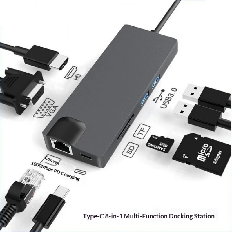 8-in-1 Type-C Hub, Type-C to VGA Adapter with 100Mbps Ethernet & PD Charging for Laptop