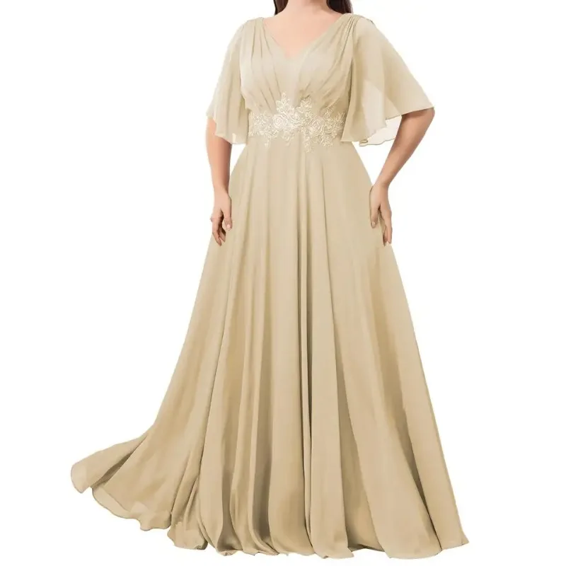 

Ruffles Sleeves Mother of The Bride Dresses for Women Chiffon Appliques Formal Dress Evening Gown V Neck Wedding Guest Dresses