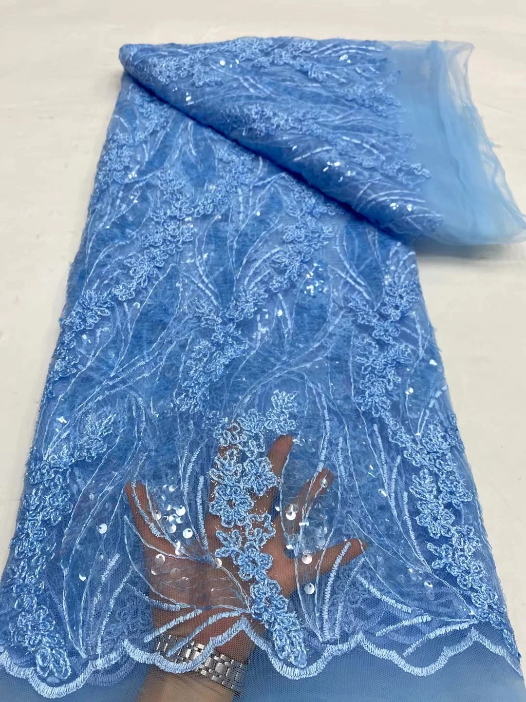 LDPN348 Sea blue!On sale African net lace fabric with sequins,new arrival embroidered French tulle lace for party/wedding dress