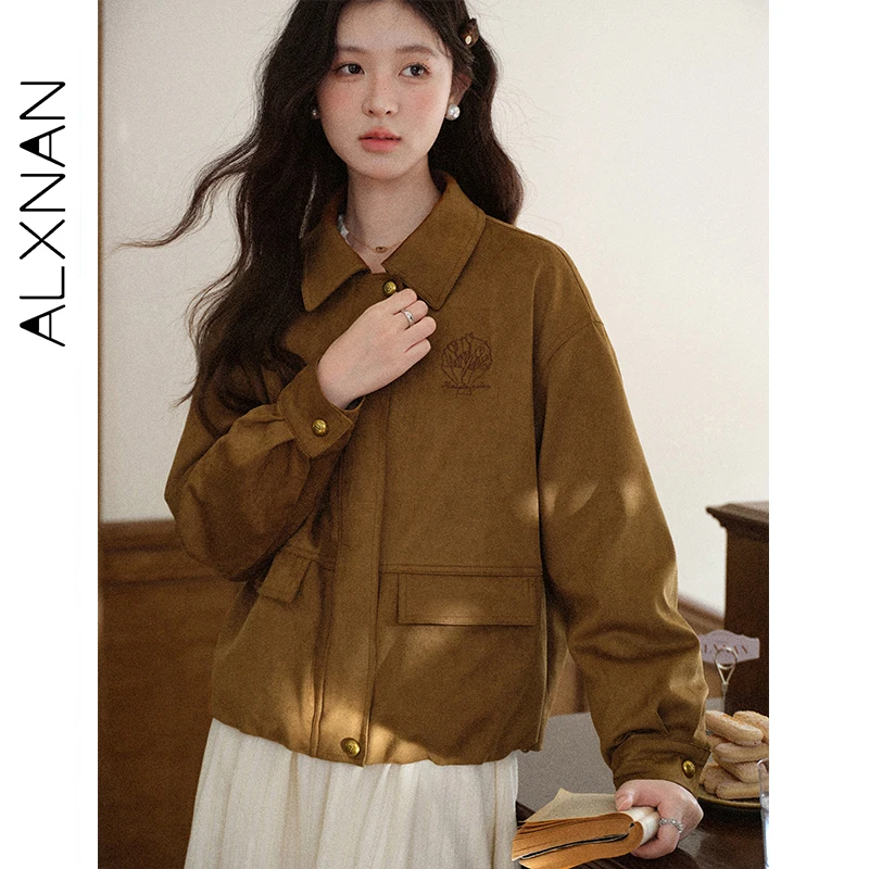 

ALXNAN Ретро куртка с отложным воротником и металлическими пуговицами, вышитые карманы, женское пальто с эластичным подолом, повседневная короткая верхняя одежда L58118