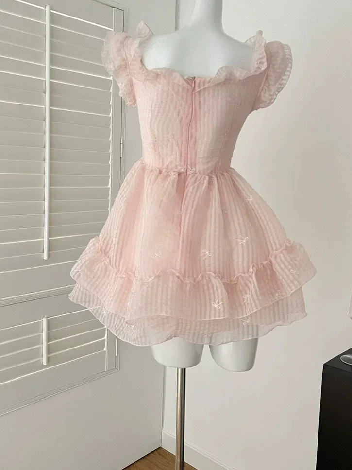 Conjunto de falda de princesa rosa dulce, vestido de cumpleaños de primavera para mujer, cintura acampanada, corte en A, cierre de cremallera