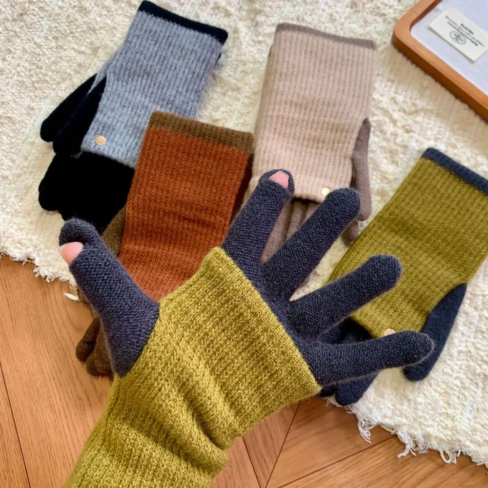 Warm Color Blocked Knitted Gloves Open-Finger Dual-purpose Long Gloves Candy Colored Windproof Full Finger Mittens Outdoor