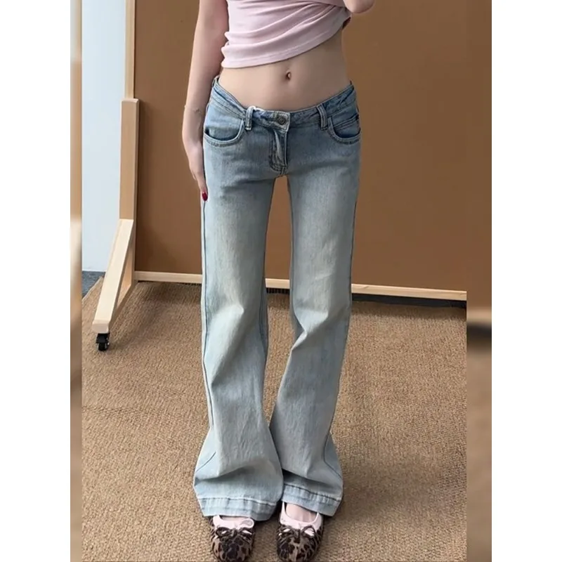 Vintage American Y2k Low Waist Slim Fit Flare Jeans Women Washed Bamboo Texture Distressed Blue Skin Friendly Denim Pants 2026