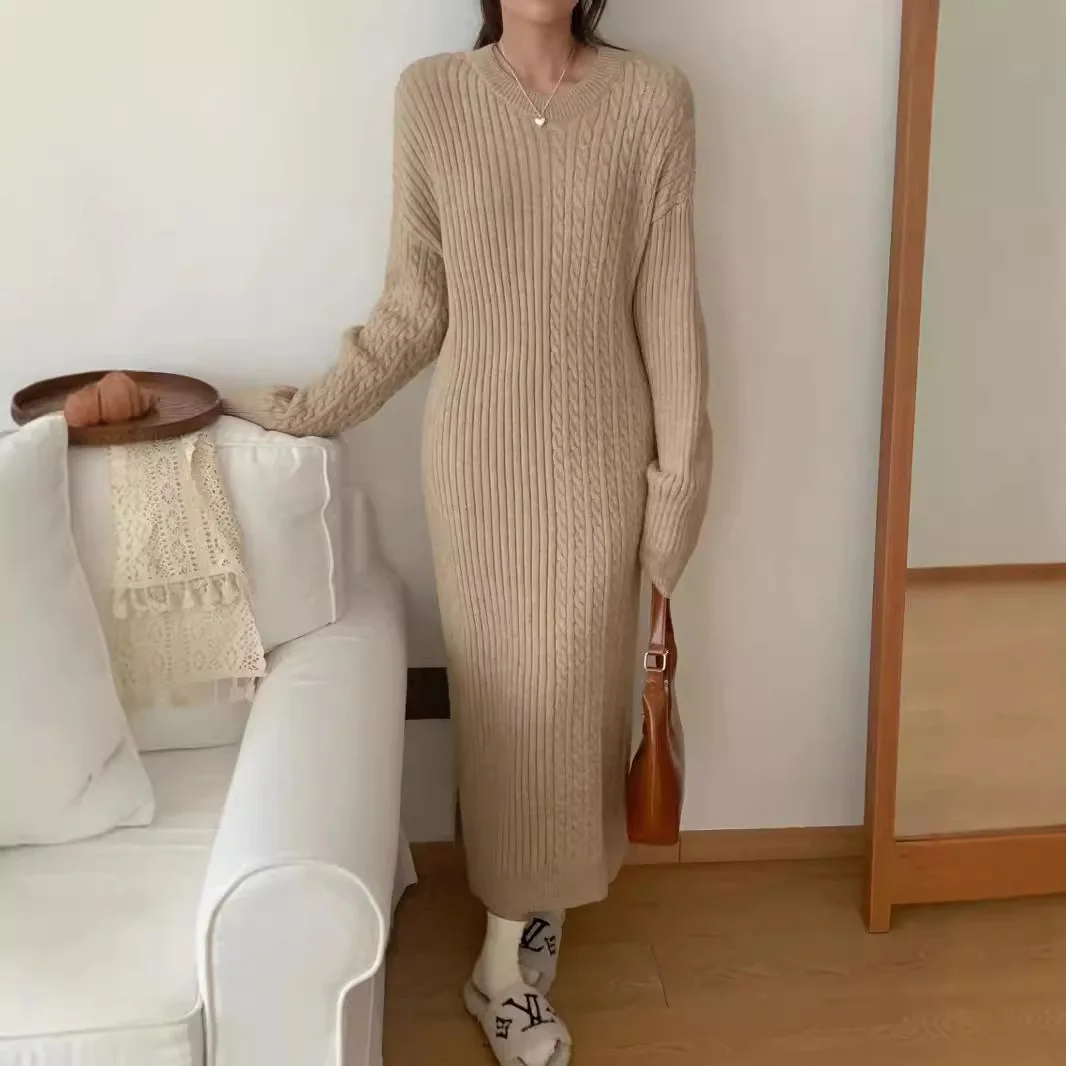 

Кашемировое платье с круглым вырезом, женский длинный пуловер, свитер, новинка осени и зимы, новое вязаное платье длиной до колена из чистой шерсти CQ357