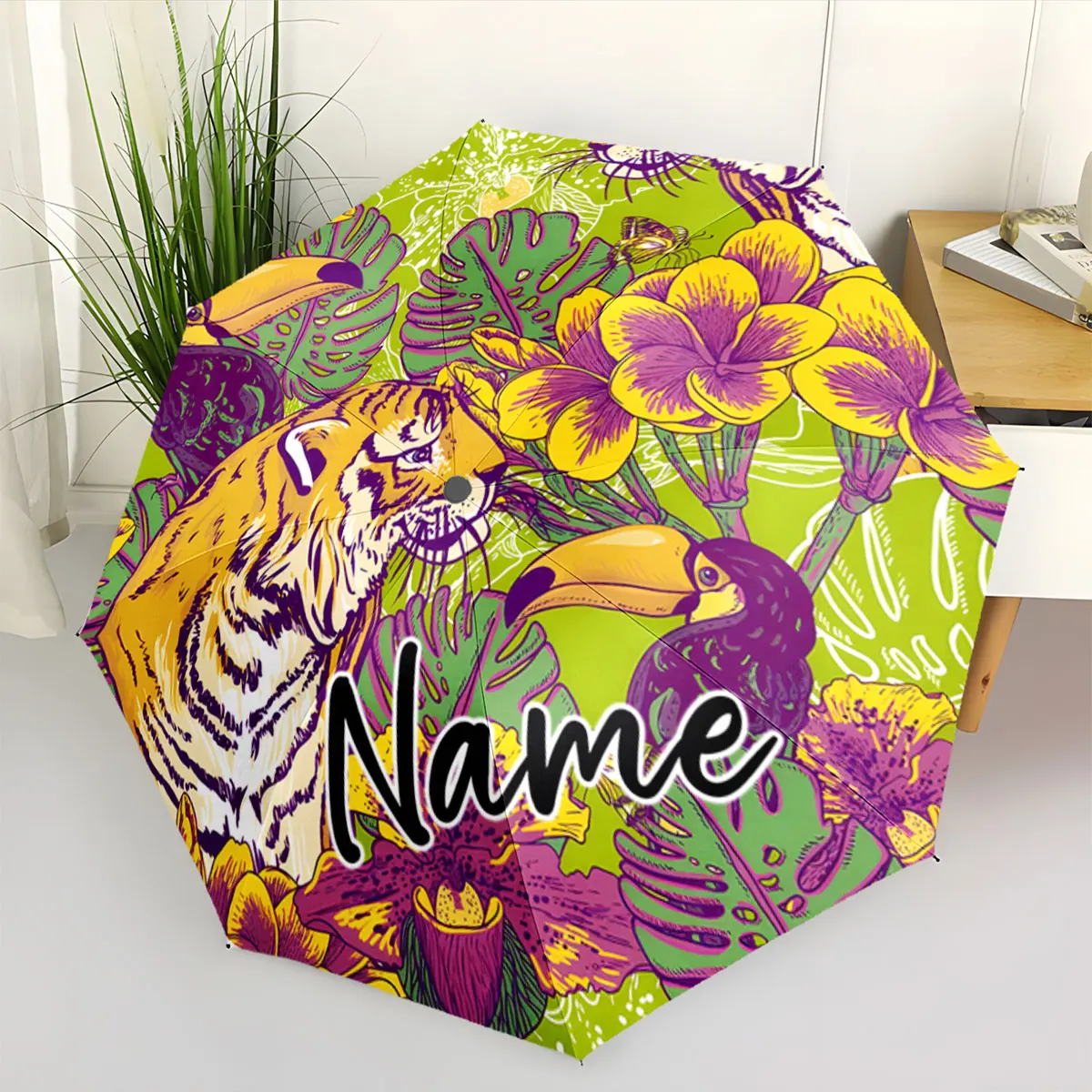 Custom Name Colorful Jungle-Themed Umbrella with Tiger and Flowers Print 8Iron Ribs Folding Umbrella Auto-Open Fashion Sunshade