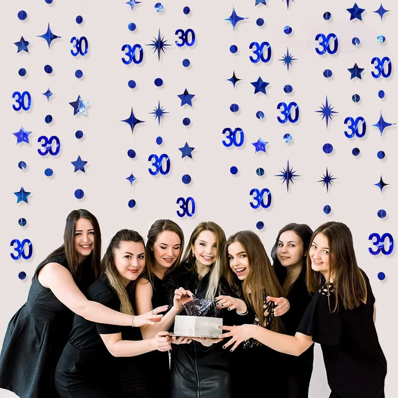 Blue 30th Birthday Decorations Number 30 Circle Dot Twinkle Star Garland Backdrop for 30 Year Old Birthday Party Supplies
