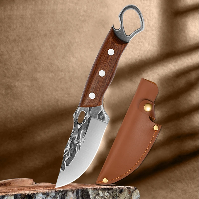 1PC9 inch hand forged knife with sheath, high carbon stainless steel kitchen kitchen knife, camping multi-functional gifts, etc