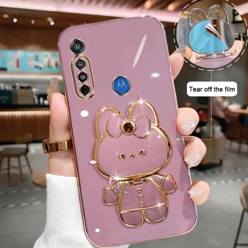 Makeup Mirror Phone Case For Motorola Moto G8 Play Motorola G8 Play Plating Cartoon Rabbit Folding Bracket Phone Case Cover