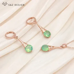 S&Z DESIGN New Vintage 585 Rose Gold Color Water Drop Dangle Earrings Pendant Necklace Jewelry Sets For Women Round Crystal