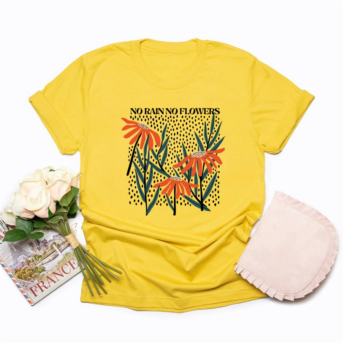 Flower T-Shirt No Rain No Flowers Tee Floral Graphic Tee Casual Short Sleeve Women Tshirts Wildflower T-shirt Aesthetic Clothes