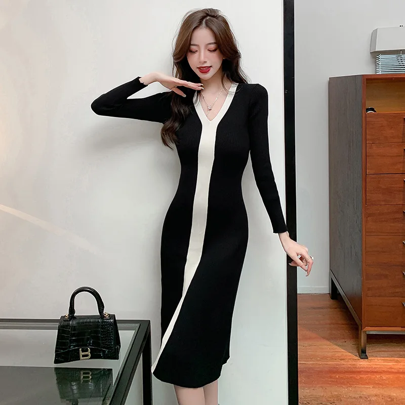 

Black White Casual Elegant Short Sleeve Long Sweater Dress Fashion Vintage Knitted Slim Dresses for Women Autumn New 2024 Y2