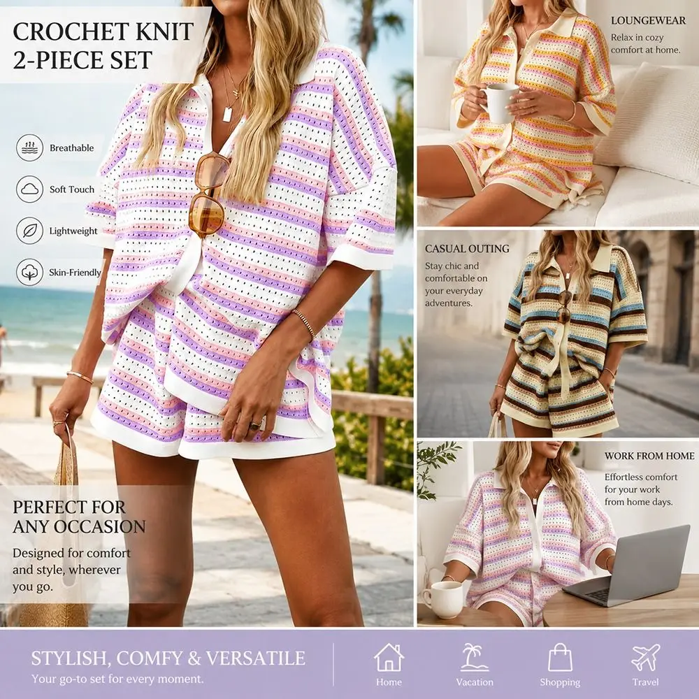 Loose Fit Knitted Shorts Set Mixed Color Stripe Short Sleeved Crochet Tops And Shorts Contrast Color Button Closure