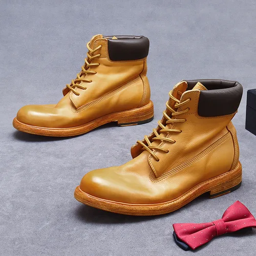 남성용 핸드메이드 진짜 가죽 밑창, 큰 노란색 부츠, 캐주얼 가죽 부츠, 두꺼운 밑창, 트렌디 하이탑, 소프트 소가죽 신발, 굿이어 Best5 남성용 핸드메이드 진짜 가죽 밑창, 큰 노란색 부츠, 캐주얼 가죽 부츠, 두꺼운 밑창, 트렌디 하이탑, 소프트 소가죽 신발, 굿이어 Best5