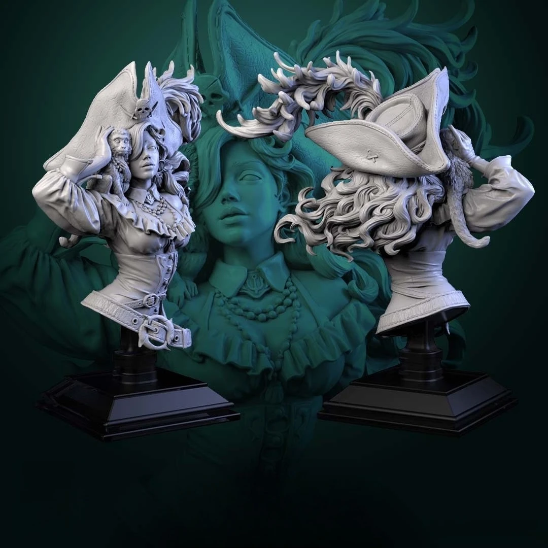 1PC 10cm/14cm Female Pirate Bust Model 3D Printed Resin Blank Statue Sculpture DIY Coloring Self-assembly Models Figurines view 3