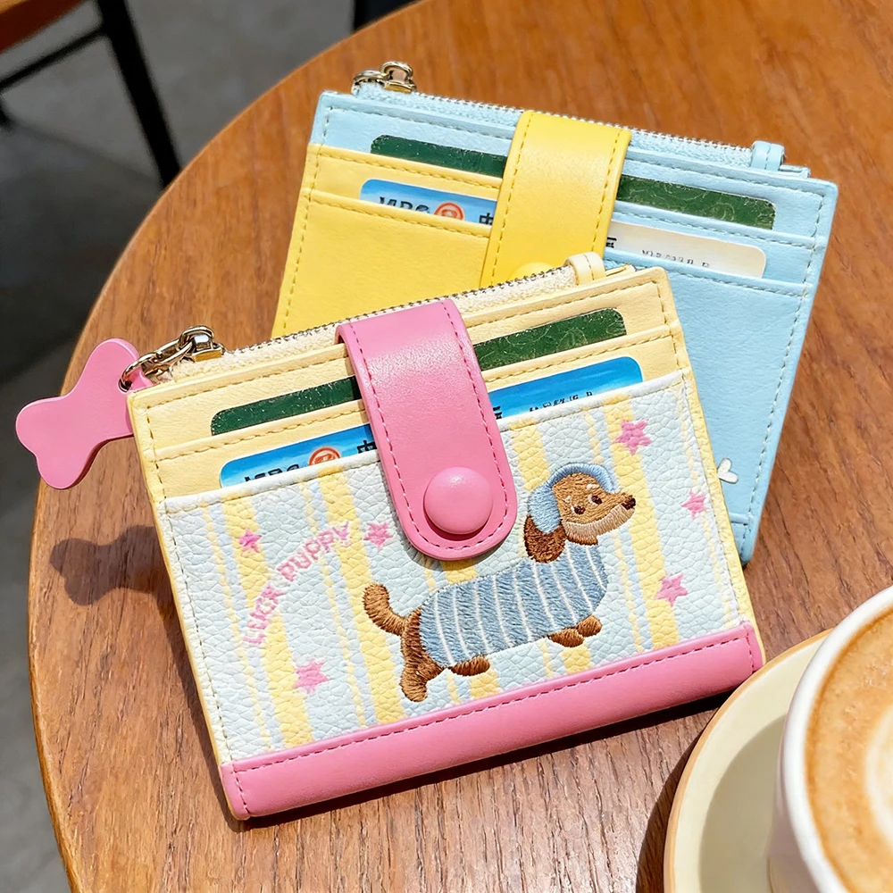 Cute Embroidery Sausage Dog Wallet Women Cartoon Zipper Coin Purse Double Fold Wallet Card Holder Ultra Thin Leather Card Holder