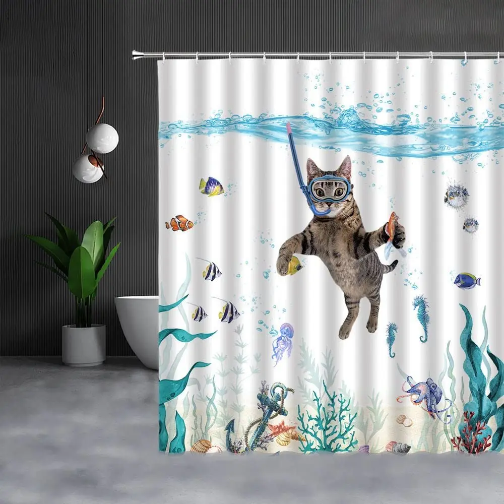 Funny Cat Shower Curtain Kitten Diving Jellyfish Octopus Tropical Fish Coral Underwater World Marine Bathroom Curtain with Hooks