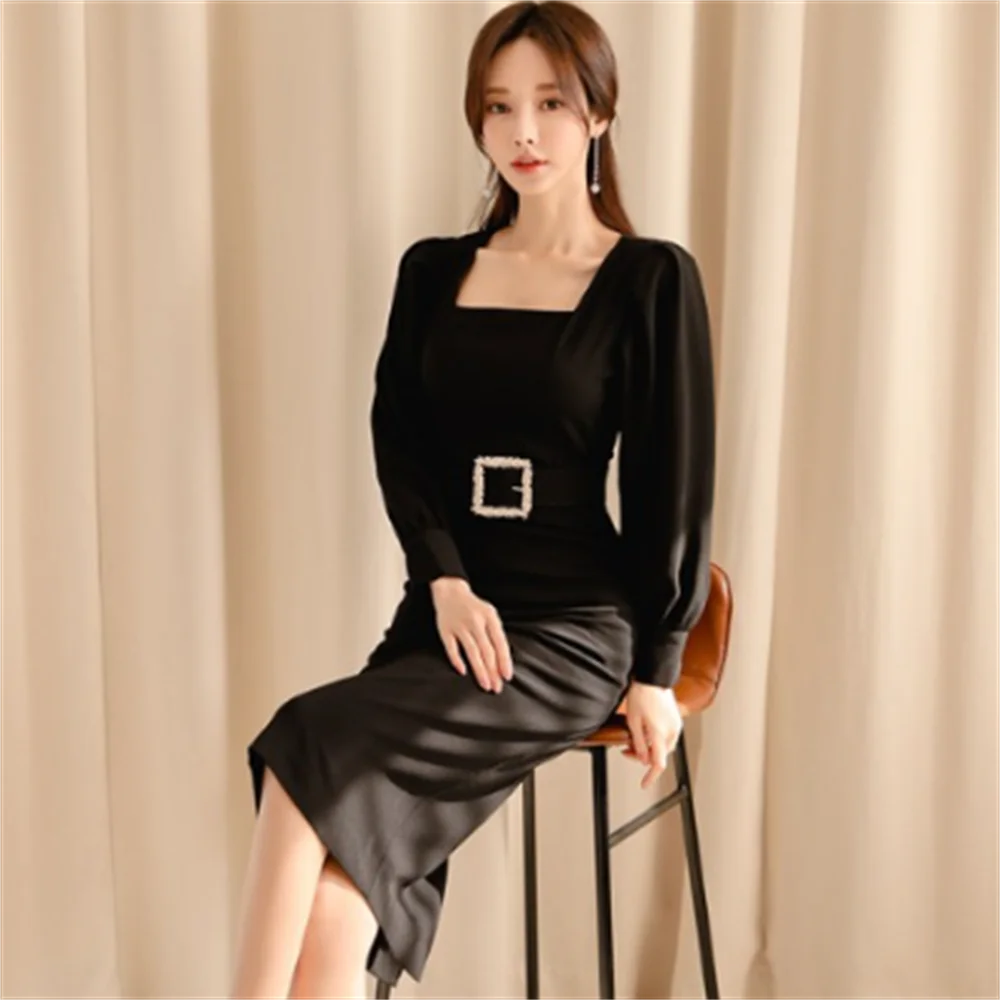 

new OL square collar lantern sleeves waist belt women dress