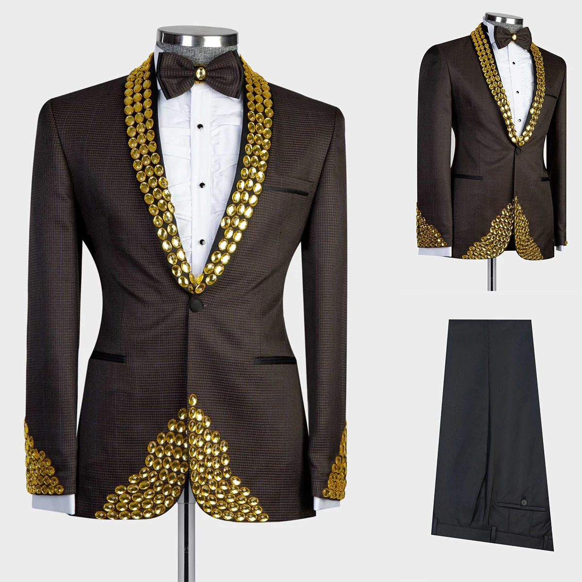 

Chevron Men's Suits 2 Pieces Plaid Blazer Pants One Button Wedding Stripes Sheer Lapel Gold Crystals Beads Plus Size Customized
