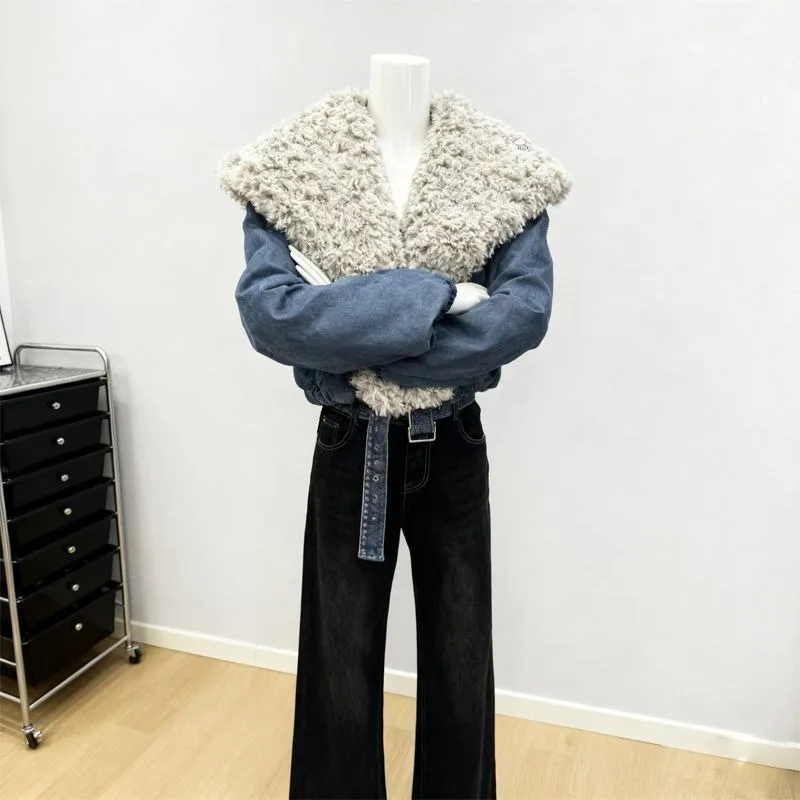 A New Korean-style Stylish Woolen Collar Warm Top for Women with Loose and Thick Denim Short Jacket Featuring Retro Lapel Design